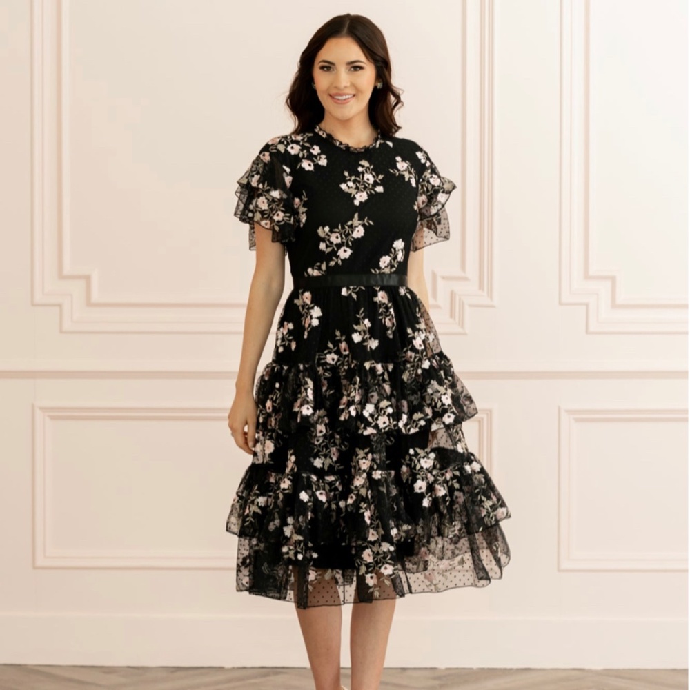 Rachel Parcell Embroidered Tiered Mesh Dress Floral Mesh Lace Flutter Black